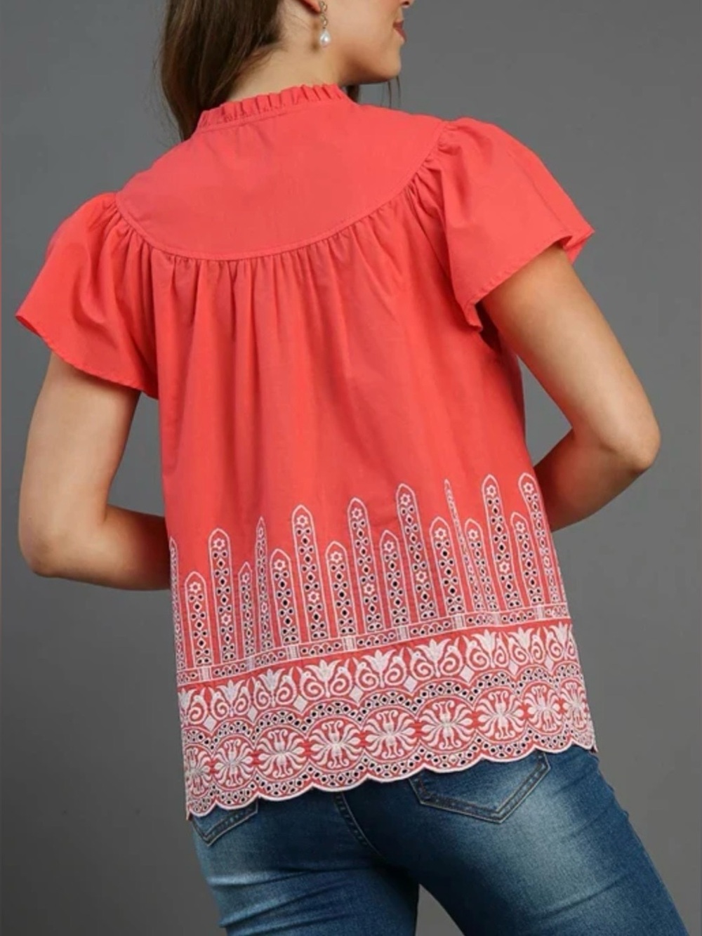 Gaudie Ruffle Tie Front Embroidery Scalloped Short Sleeve Top Size Large EUC - Picture 4 of 16